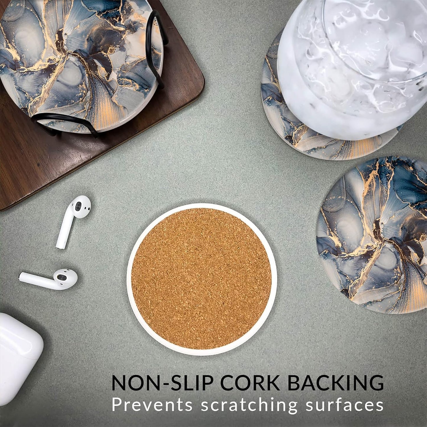 Emerson Coasters for Drinks Absorbent – Natural Stone Drink Coasters Set with Holder, Coasters for Coffee Table, Wooden Tabletop Protection Marble Style – 100% Heavy Duty Set of 6 (Atlas)