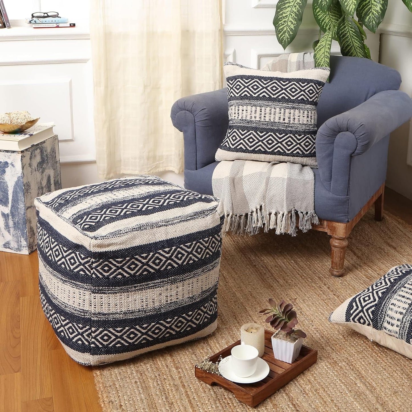 REDEARTH · Tufted Pouf Ottoman with Filler Textured Storage Cube Bean Bag Pouffe Footrest for Living Room, Bedroom, Nursery, Home Decor; 100% Cotton (17.5"X17.5"X17.5", Indigo Impressions)