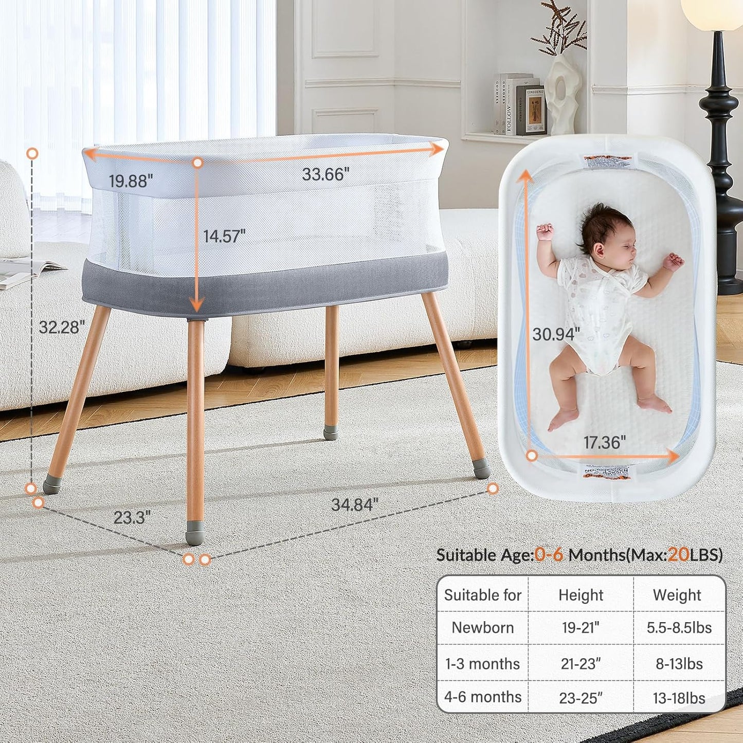 Electric Bassinet for Baby 3 Rocking Speeds, Auto Bedside Sleeper with 8 Soothing Music, Rocking Bassinet for Infant, Grey