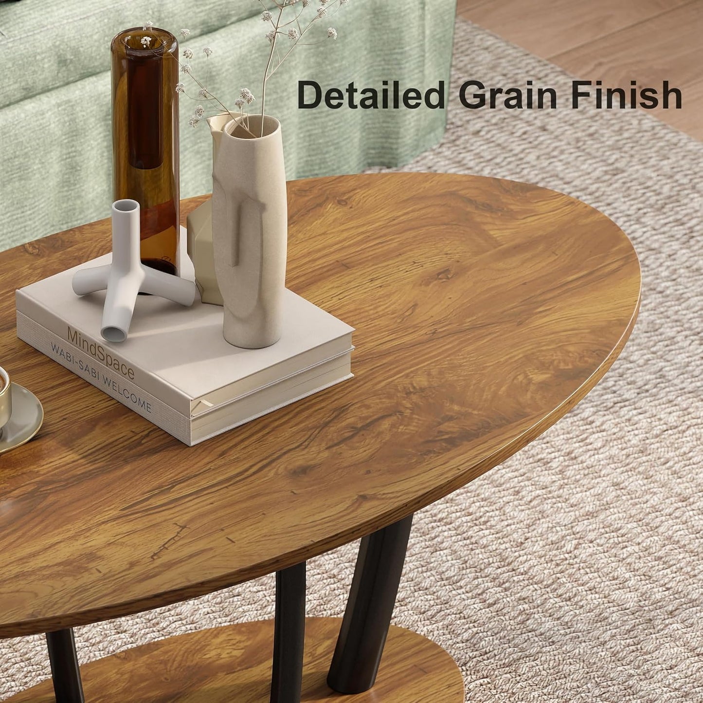 Manora Small Oval Coffee Table with Storage, Farmhouse Industrial Center Table for Living Room, Vintage Tea Table for Small Spaces, Rustic Brown