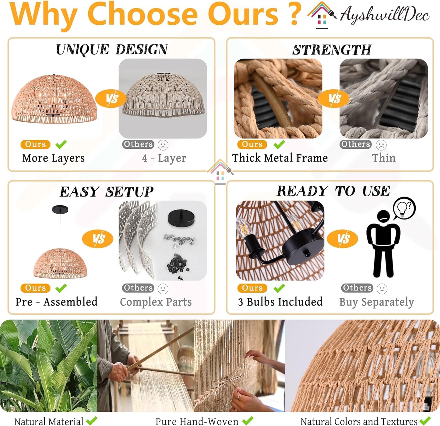 24" Brown Woven Pendant Light Boho Chandelier Dome Rustic Farmhouse Chandelier Wicker Pendant Light Rattan Light Fixture for Dining Room Living Room Bedroom Kitchen Island Foyer(Bulb Incl)