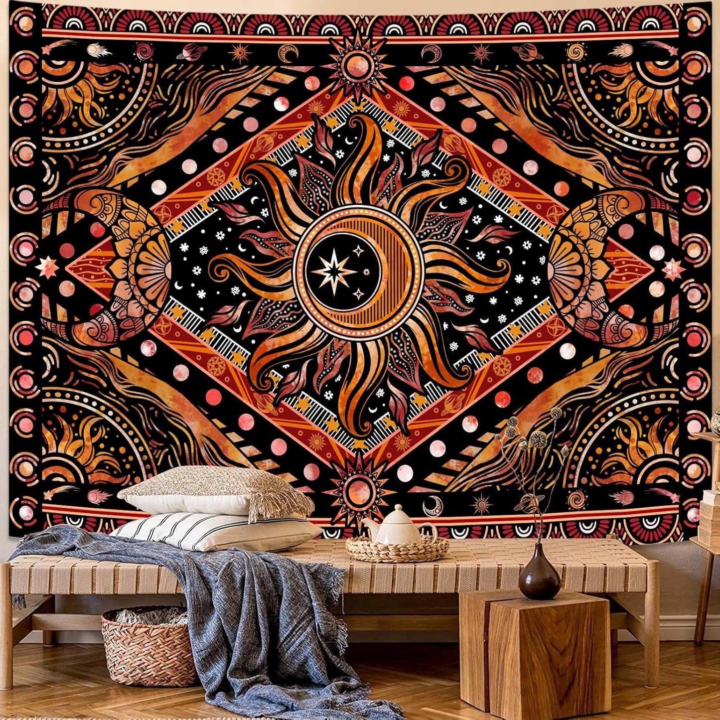 Lunerfex Hippie Sun and Moon Tapestry Bohemian Celestial Tapestry Aesthetic Tapestries for Bedroom and Living Room Decor Sun and Moon 70×90 Inches