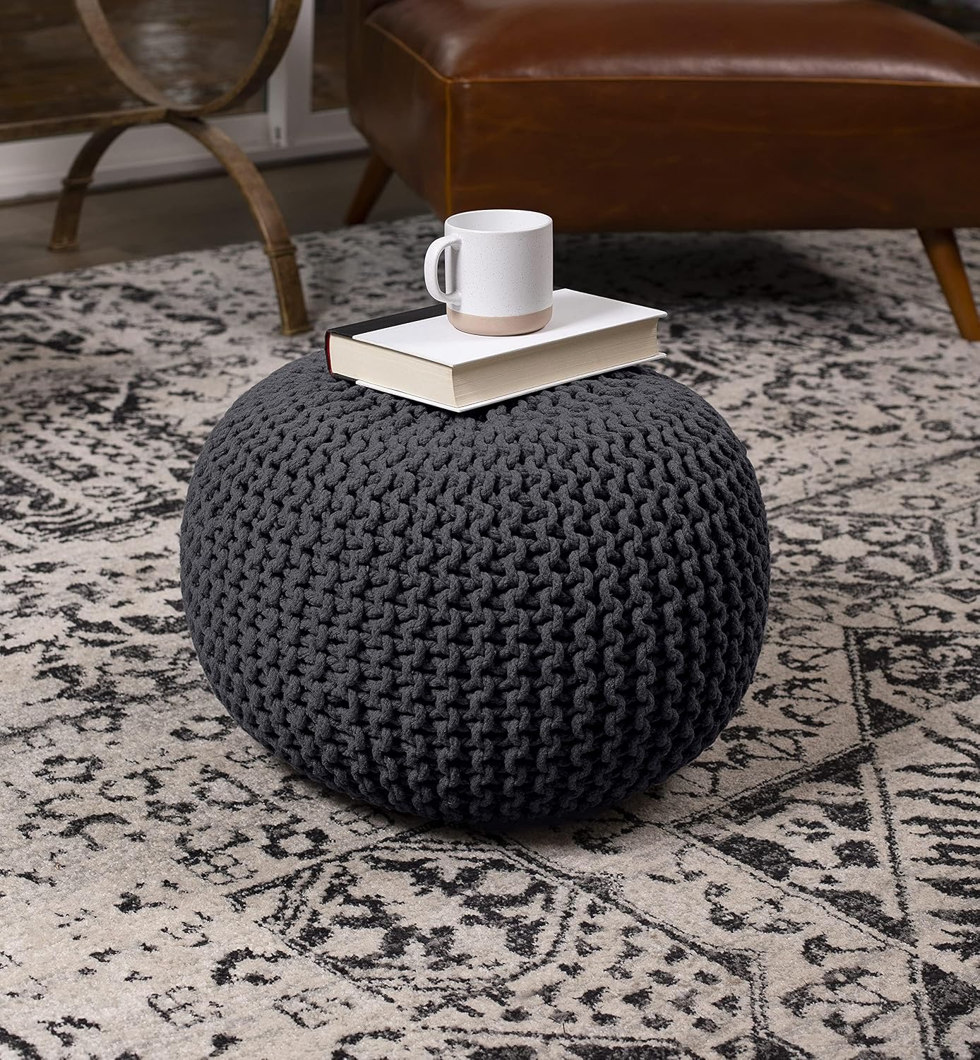 BIRDROCK HOME Round Pouf Ottoman | Cotton Braided Foot Stool with Bean Bag Filling | Boho Foot Rest for Living Room & Bedroom | Compact & Comfortable Seating, Lightweight & Soft | Charcoal