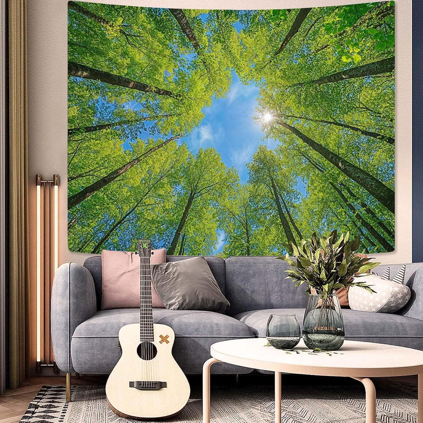 AMM Nature Forest Tree Celling Tapestry Lush Green Treetops Sunlit Tapestry for Bedroom Aesthetic Sky Sunlight Canopy Leaves Landscape Tapestries Wall Hanging for Living Room Dorm Office 48 x 36 Inch