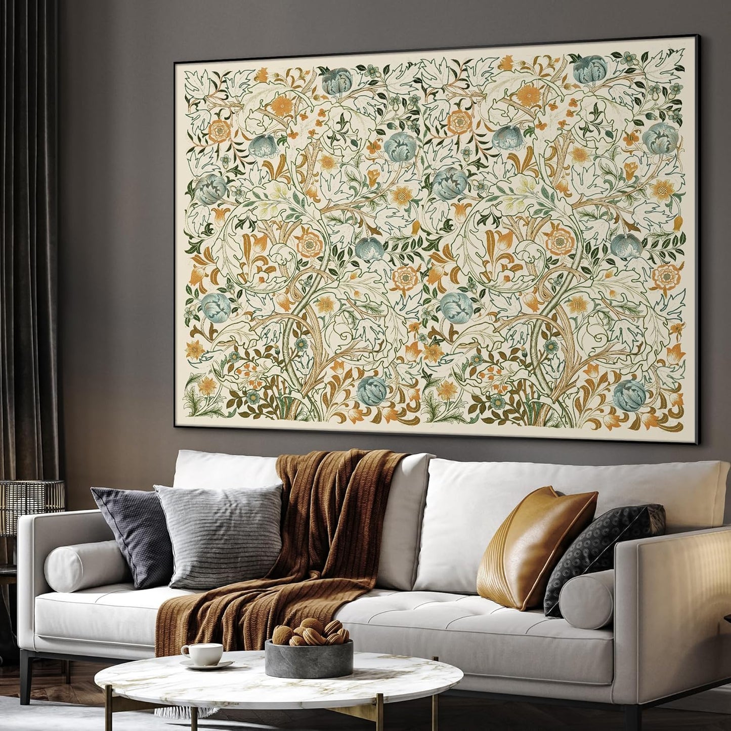 SIGNWIN 60"x72" Extra Large Framed Wall Art Vintage Botanical Floral with Golden and Teal Leaves, Elegant Nature Illustration for Home Living Room Bedroom Decor (Frame Assembly Required)