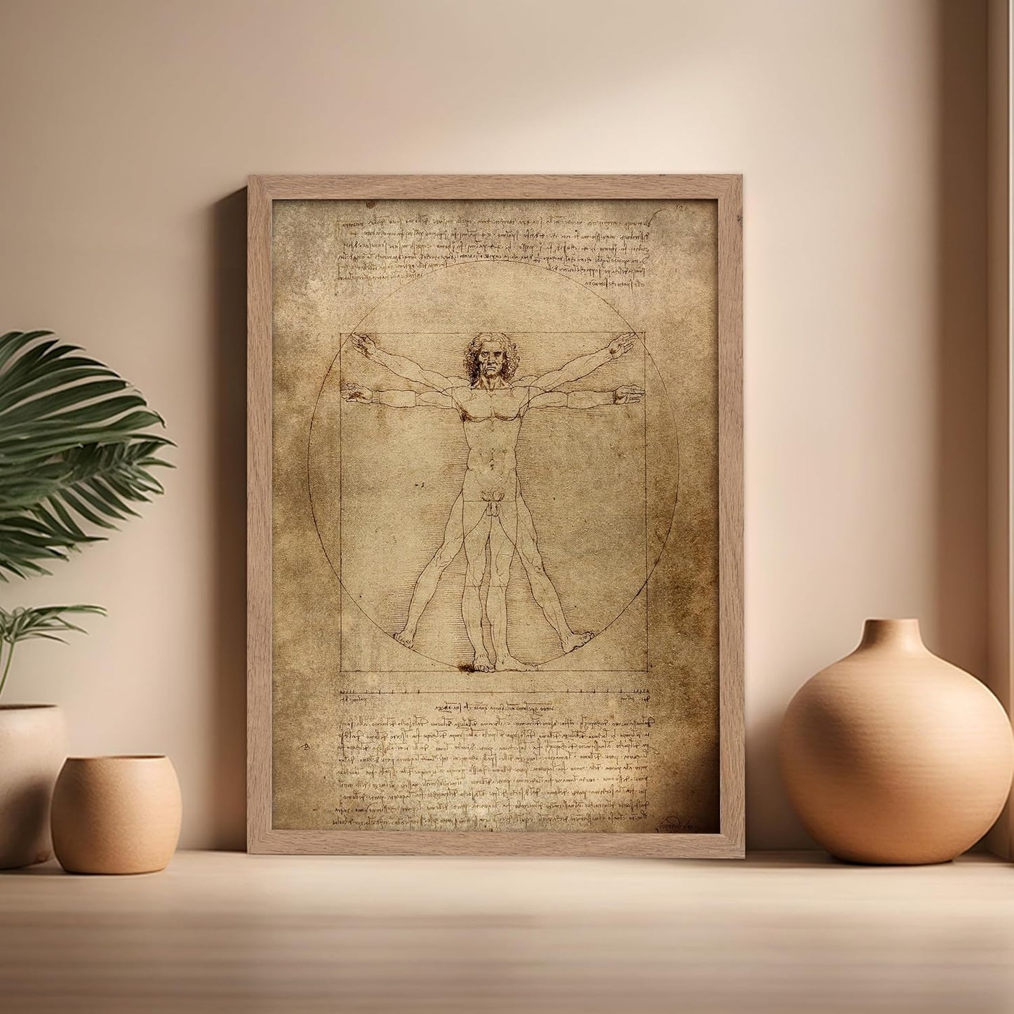Poster Master Classic Leonardo Da Vinci Poster - Vintage Renaissance Print - Gift for Artist, Friend - Vitruvian Man, Proportion, Symmetry, Human Body - Wall Decor for Office, 16x20 Beige Framed