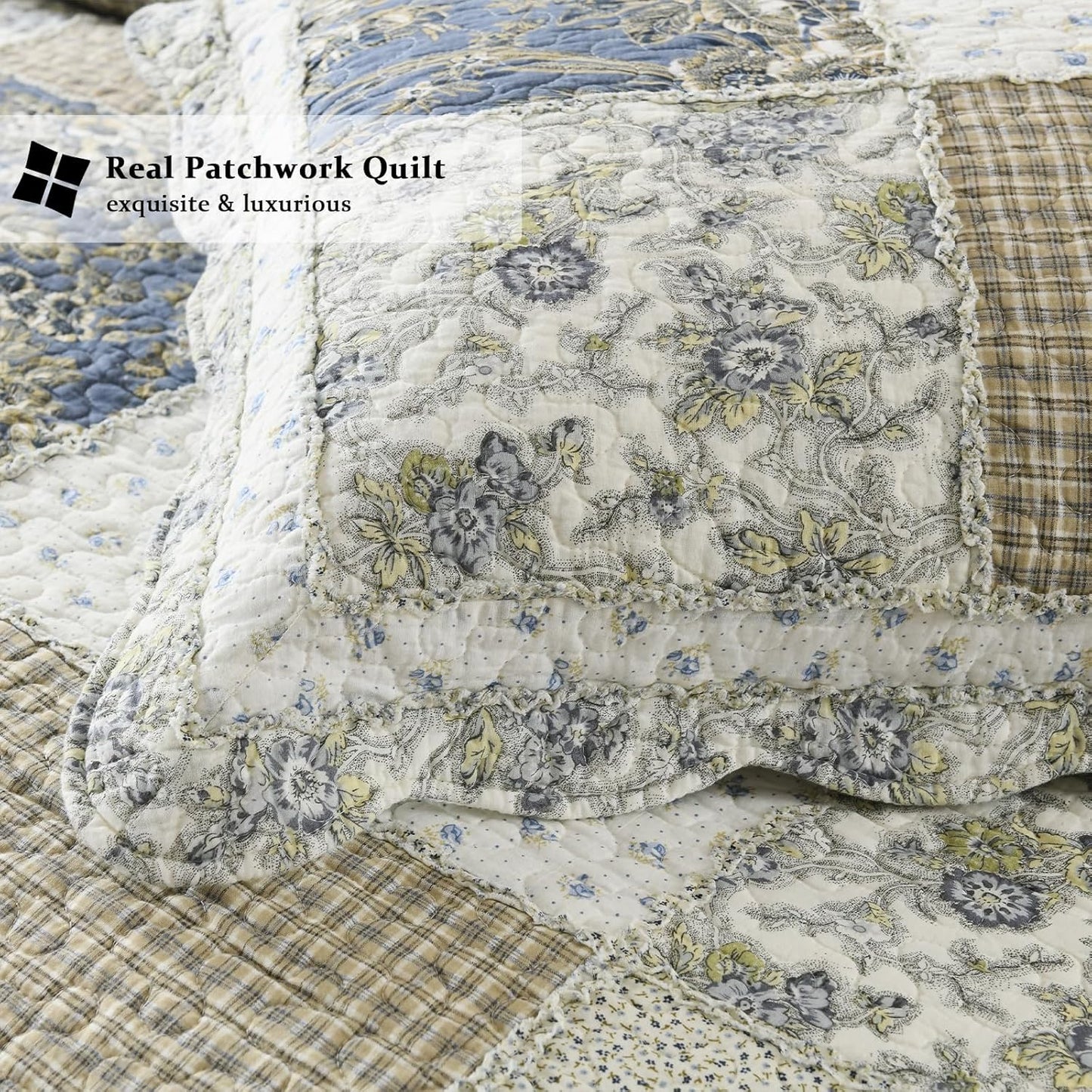 Yvooxny Quilt Set Queen Size Reversible Country Farmhouse Floral Real Patchwork Quilted Bedspread 3-Piece Quilt Set with Pillowcases with Ruffles for All Seasons, 90 x 98 Inches