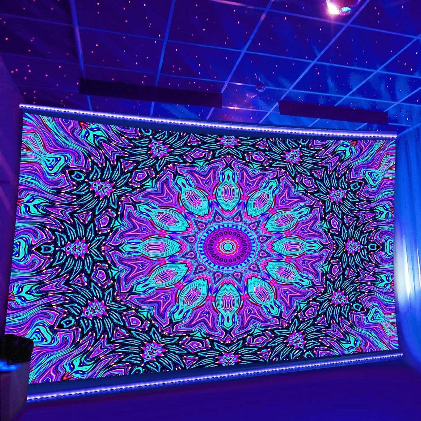 PSYHILAR Blacklight Mandala Tapestry for Bedroom, Psychedelic Black Light Posters for Adults and Teens, Neon UV Reactive Aesthetic Bohemian Art Wall Hanging Decor (80 x 60 Inches)