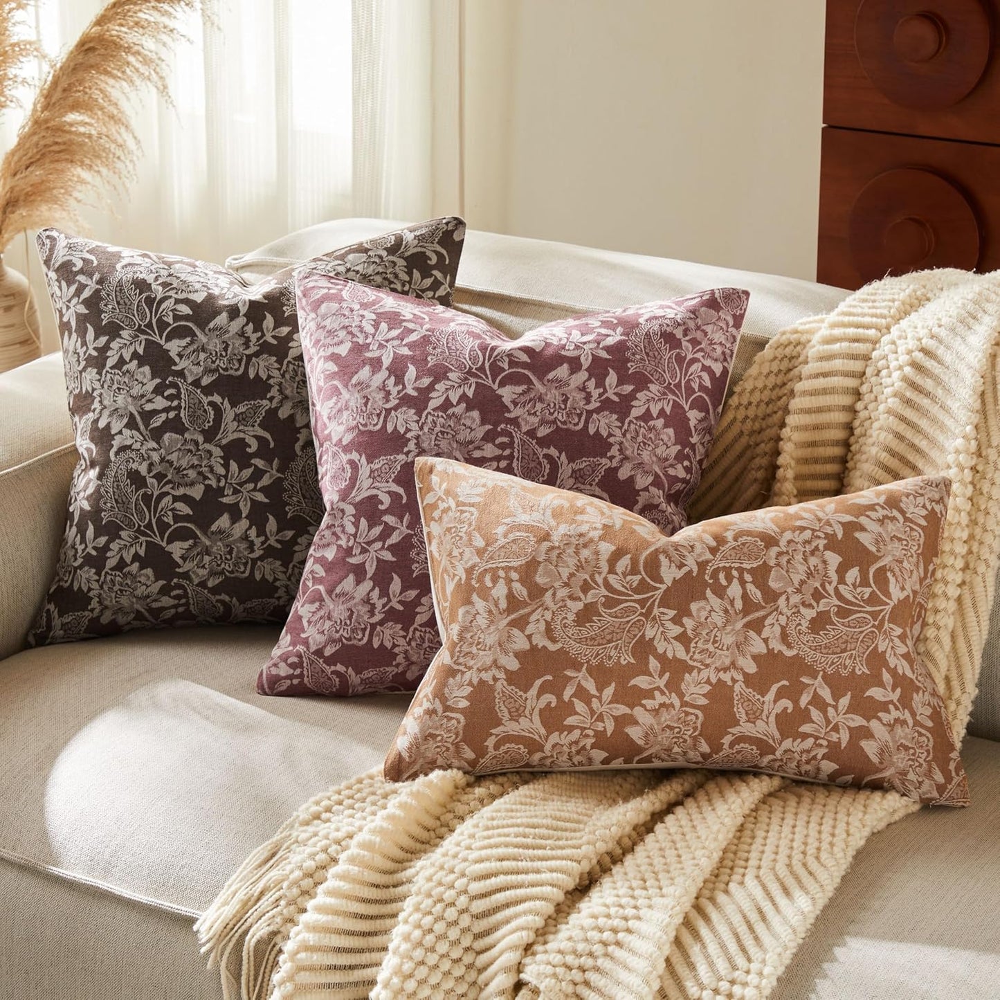 Floral Jacquard Throw Pillow Covers Set of 2, Background/Burgundy 18x18 Inch, Farmhouse Decorative Cotton Burgundy Cushion Covers for Sofa Bed Living Room Home Decor