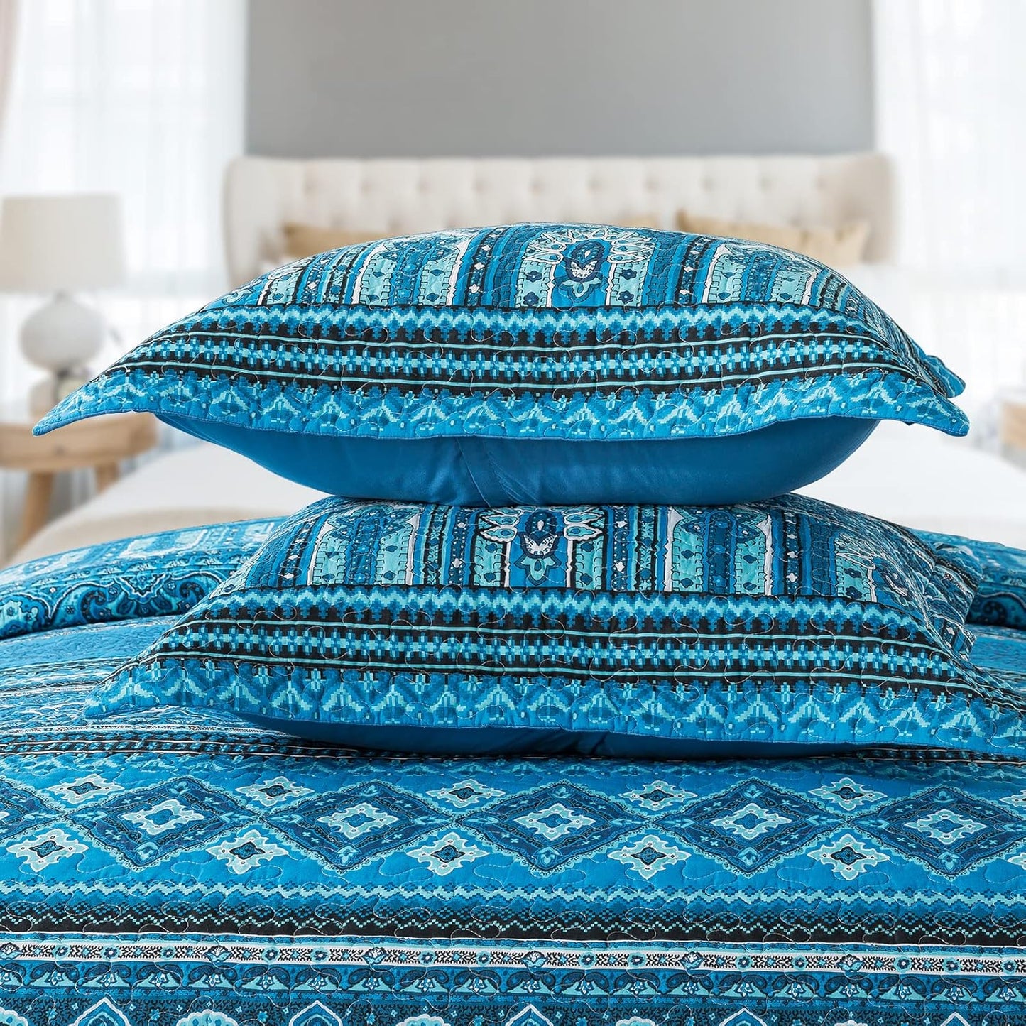 VAPUTAR Cotton Quilt Bedding Set - 3 Pieces, Boho King Size Quilts, Lightweight Reversible Coverlets Bedspreads for Farmhouse Bedroom (Blue)