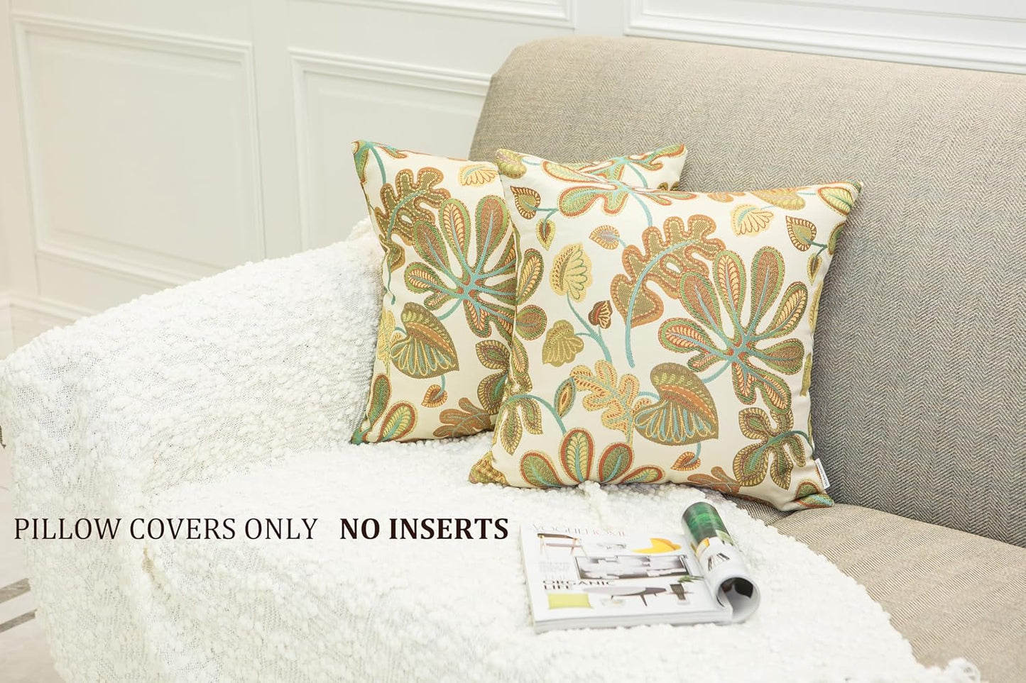 Set of 2 Jacquard Tropical Leaf Pattern Throw Pillow Covers Decorative Pillowcase 22X22 Inches,Teal Cream