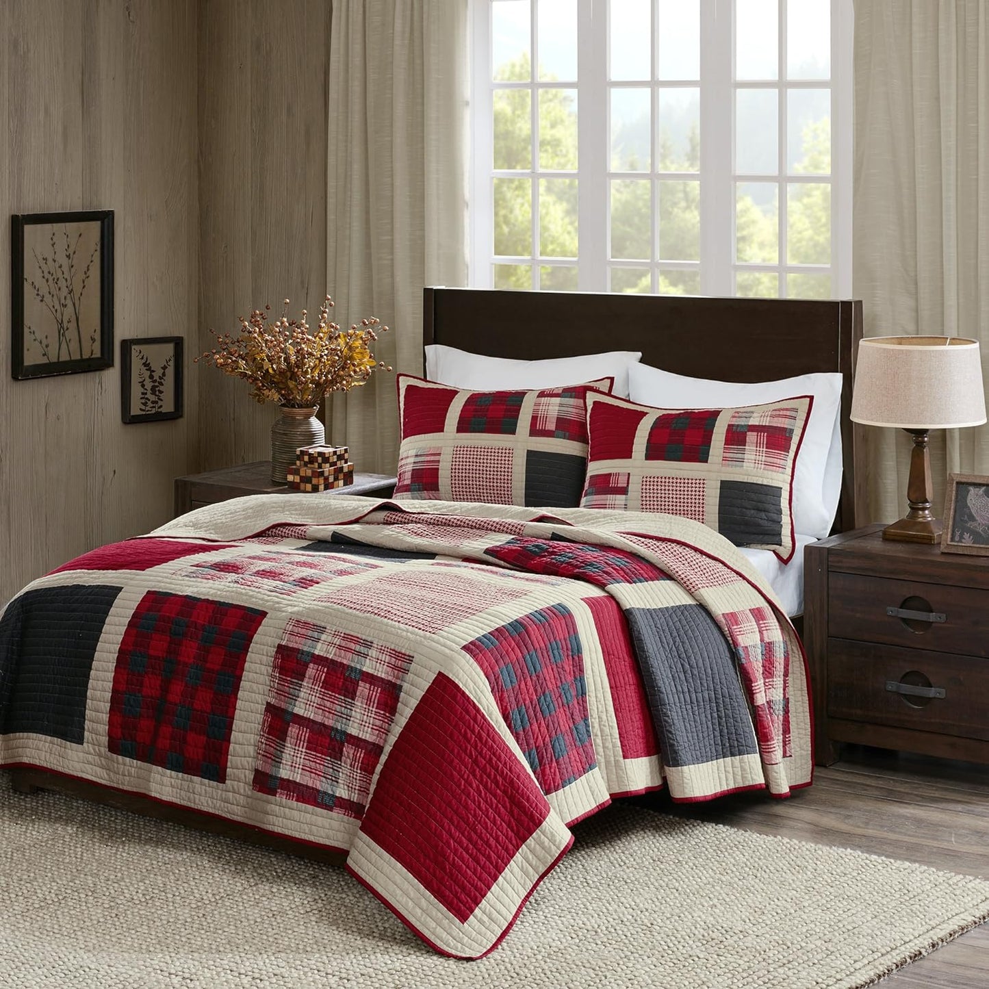 Woolrich Reversible Quilt Cabin Lifestyle Design - All Season, Breathable Coverlet Bedspread Bedding Set, Matching Shams, Oversized King/Cal King, Huntington Plaid Red, 3 Piece