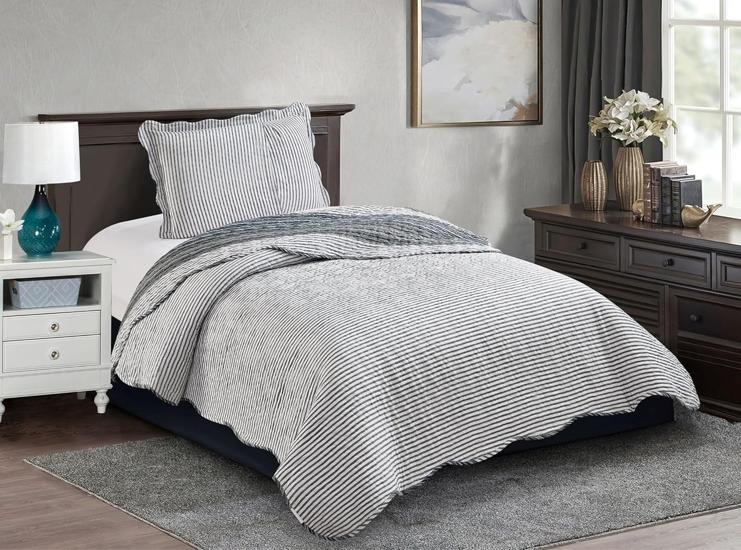 Brilliant Sunshine Multi Grey Stripes Patchwork, 2-Piece Quilt Set with 1 Sham, Reversible Bedspread, Soft Lightweight Coverlet, All-Season, Twin, Multi Grey