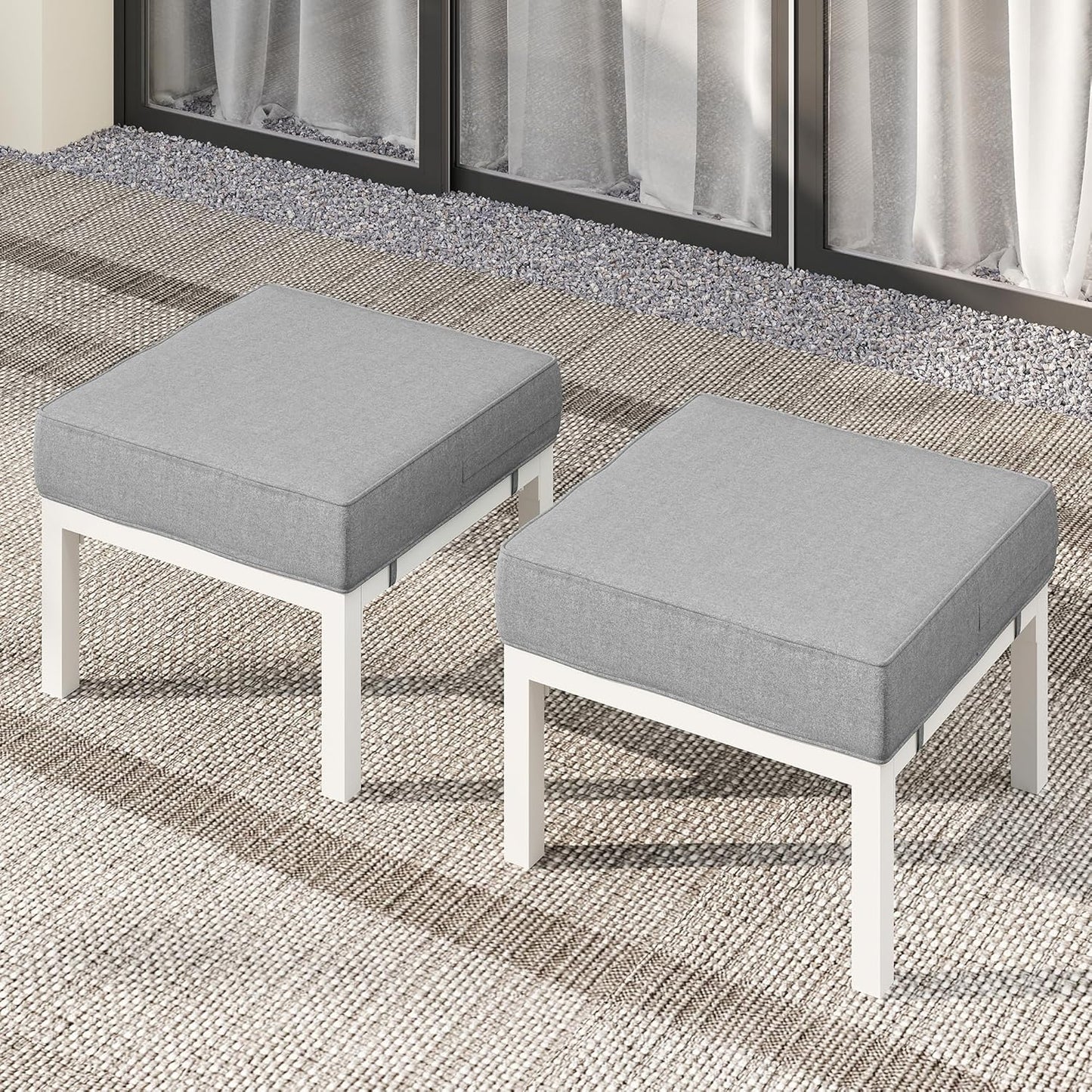 Solaste Outdoor Footstools Patio Ottoman Set of 2, Aluminum All-Weather Outdoor Footrest Seat with Removable Cushions, Patio Furniture Ottomans for Garden, Backyard, Poolside-White