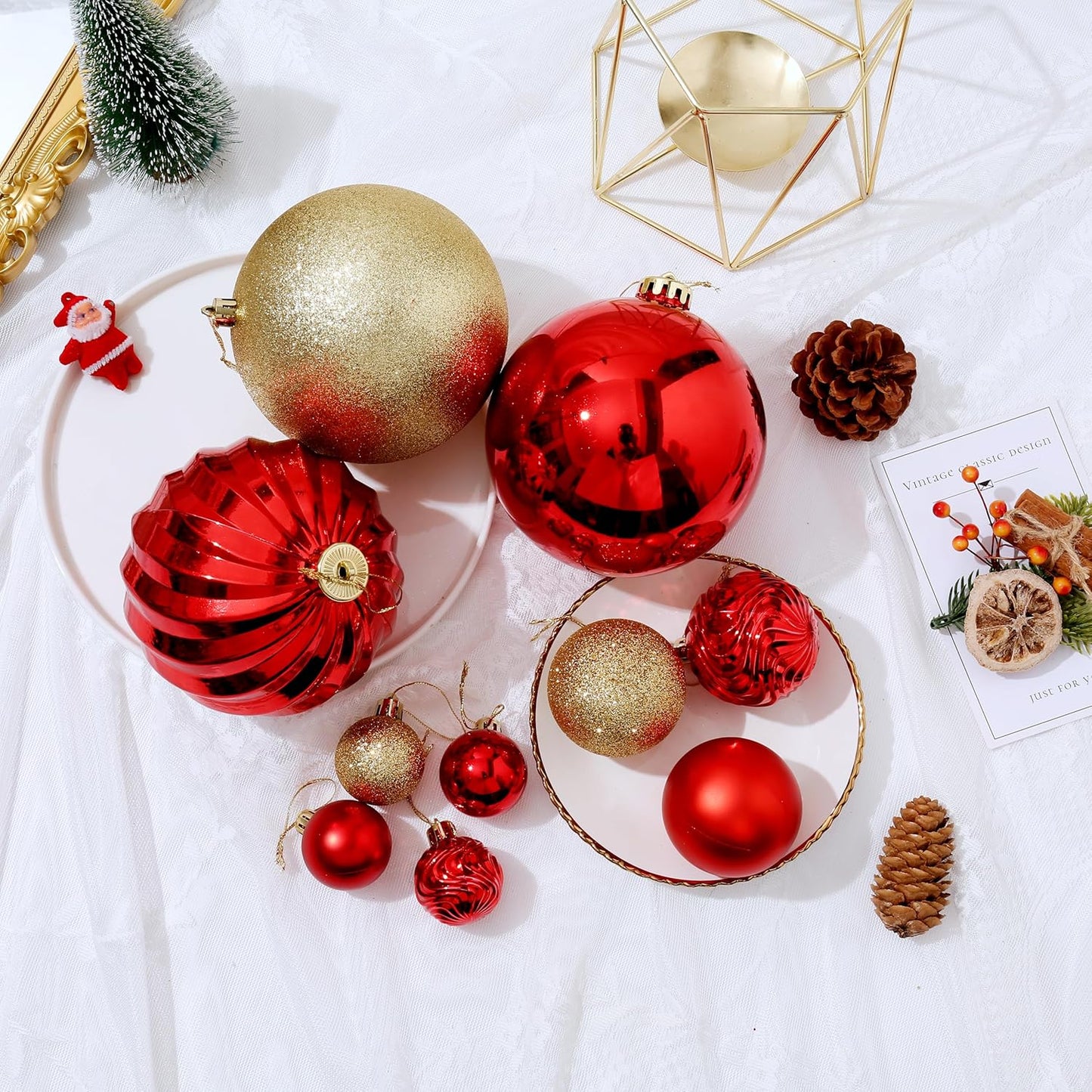 Christmas Ball Ornaments for Xmas Decorations,50 pcs Christmas Extra Large Tree Shatterproof Ornaments-Red&Gold (Combo of 5 Style in 3 Sizes)
