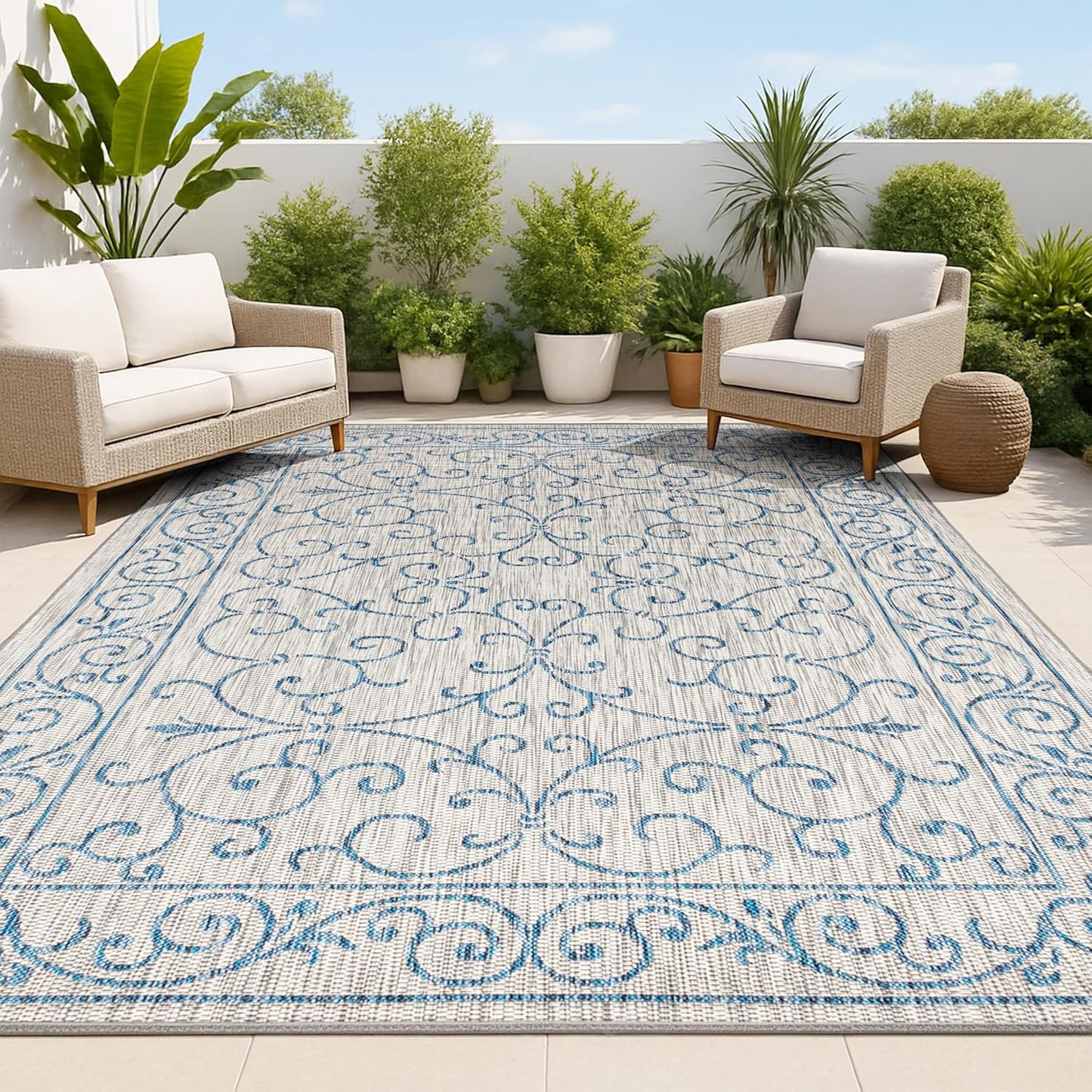 JONATHAN Y Vintage Filigree Indoor Outdoor Area Rug 4X6 Gray/Navy, Charleston Textured Weave for Backyard, Patio, Porch, Easy-Cleaning, High Traffic, Pet-Friendly, Non-Shedding (SMB106C-4)