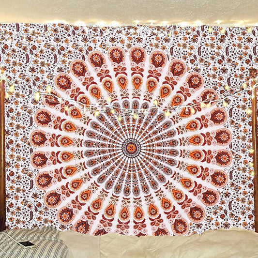 Bless International Handmade Indian hippie Bohemian Psychedelic Peacock Mandala Wall hanging College Dorm Beach Throws Table Cloth Bedding Tapestry (Orange Brown, Twin(54x72Inches)(140x185cms))