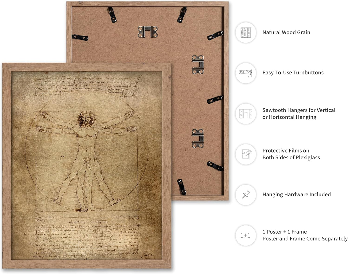 Poster Master Classic Leonardo Da Vinci Poster - Vintage Renaissance Print - Gift for Artist, Friend - Vitruvian Man, Proportion, Symmetry, Human Body - Wall Decor for Office, 11x14 Beige Framed