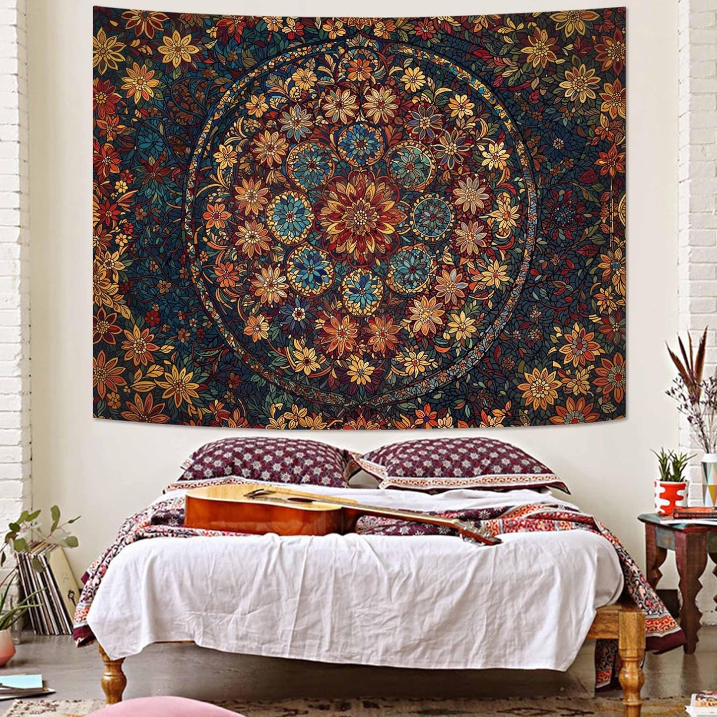 Fowocu Boho Floral Mandala Tapestry Wall Hanging Vintage Bohemian Flower Medallion Tapestry Aesthetic Orange Stained Glass Hippie Small Tapestries for Bedroom Living Room Dorm Decor 48 x 36 Inch