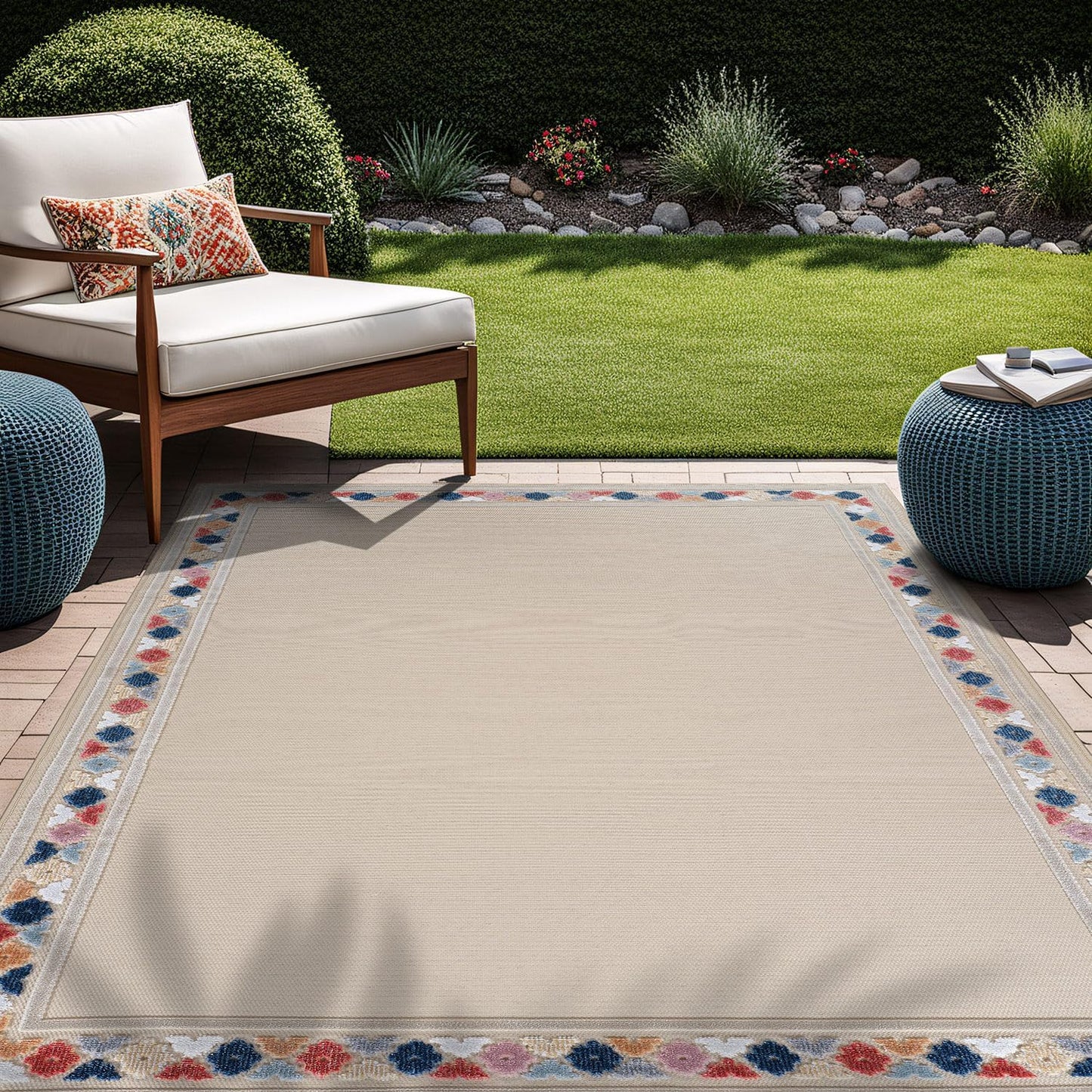 Beverly Rug Outdoor Rug 8x10 Modern Bordered Area Rugs for Indoor and Outdoor Patio Easy to Clean Non Shedding Living Room Porch Garden Washable Outside Carpet (8 x 10 Beige)