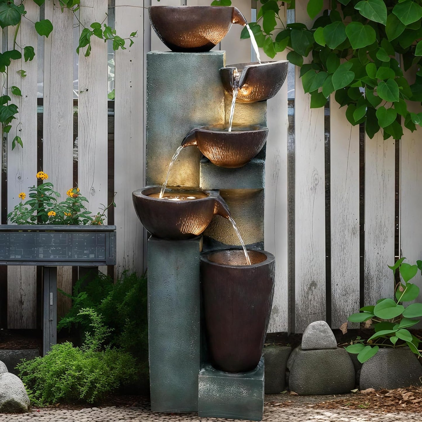 Naturefalls 39.7in.Modern Outdoor Fountain -5-Tier Resin Water Feature, Indoor Outdoor Garden Waterfall Fountain with Contemporary Design&LED Lights for Patio, Yard, Deck, House, Office, Home Decor