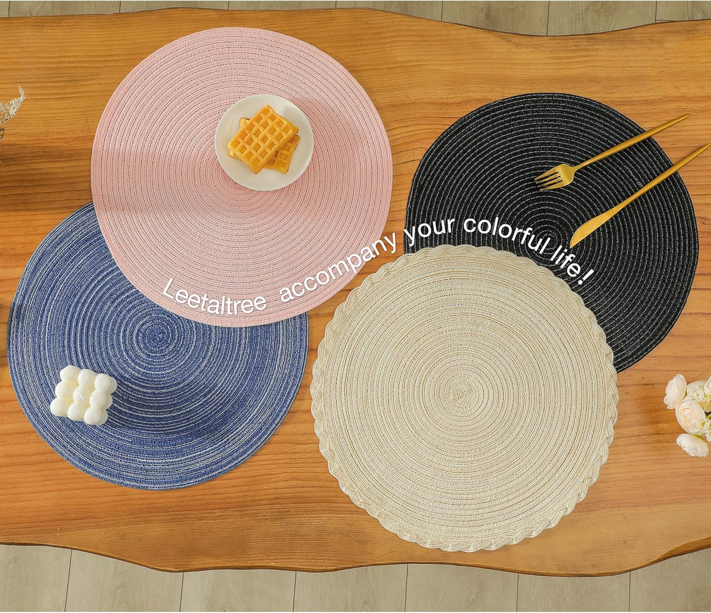 Leetaltree Round Placemats Heat and Slip Resistant Cotton Table Mats, Washable Bohemian Placemats for Dining Tables (Denim Blue, Set of 4)