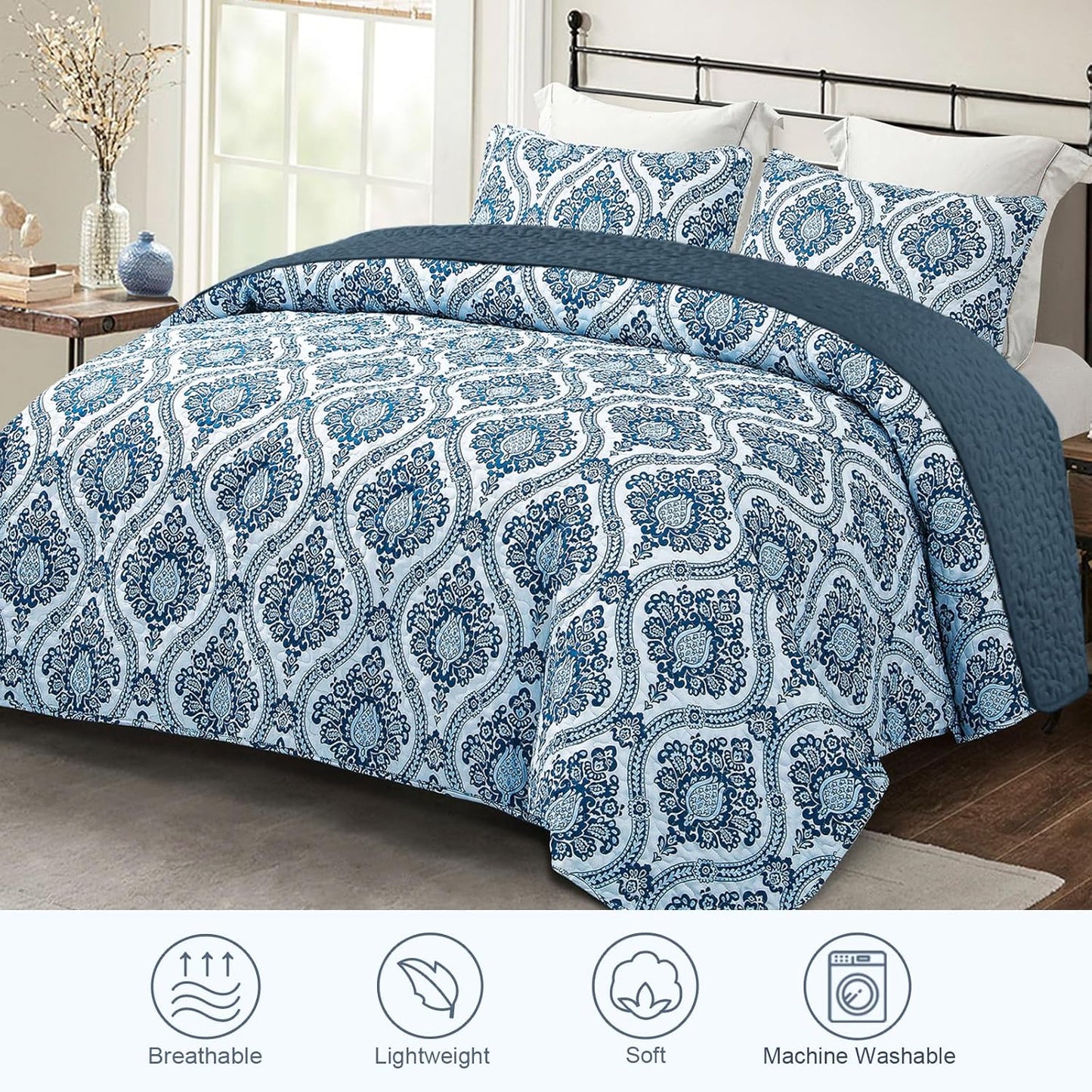 Exclusivo Mezcla Reversible Boho Quilt Set Queen Size, 3 Pieces Damask Blue All Season Bedspreads, Ultra Soft Floral Coverlet Bedding Set with Printed Pattern (1 Quilt, 2 Pillow Shams)