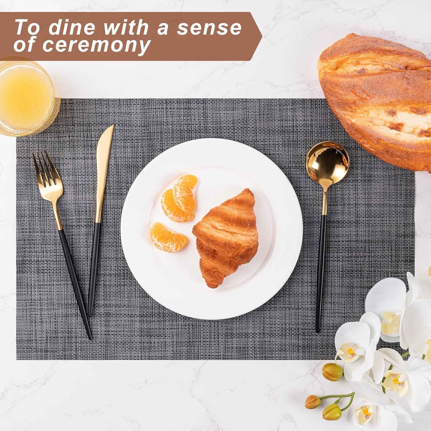 Placemats Set of 6 Washable Indoor/Outdoor Vinyl Place Mats for Dining Table Durable Non-Slip Heat Resistant PVC Weave Table Mats(Brown Black)