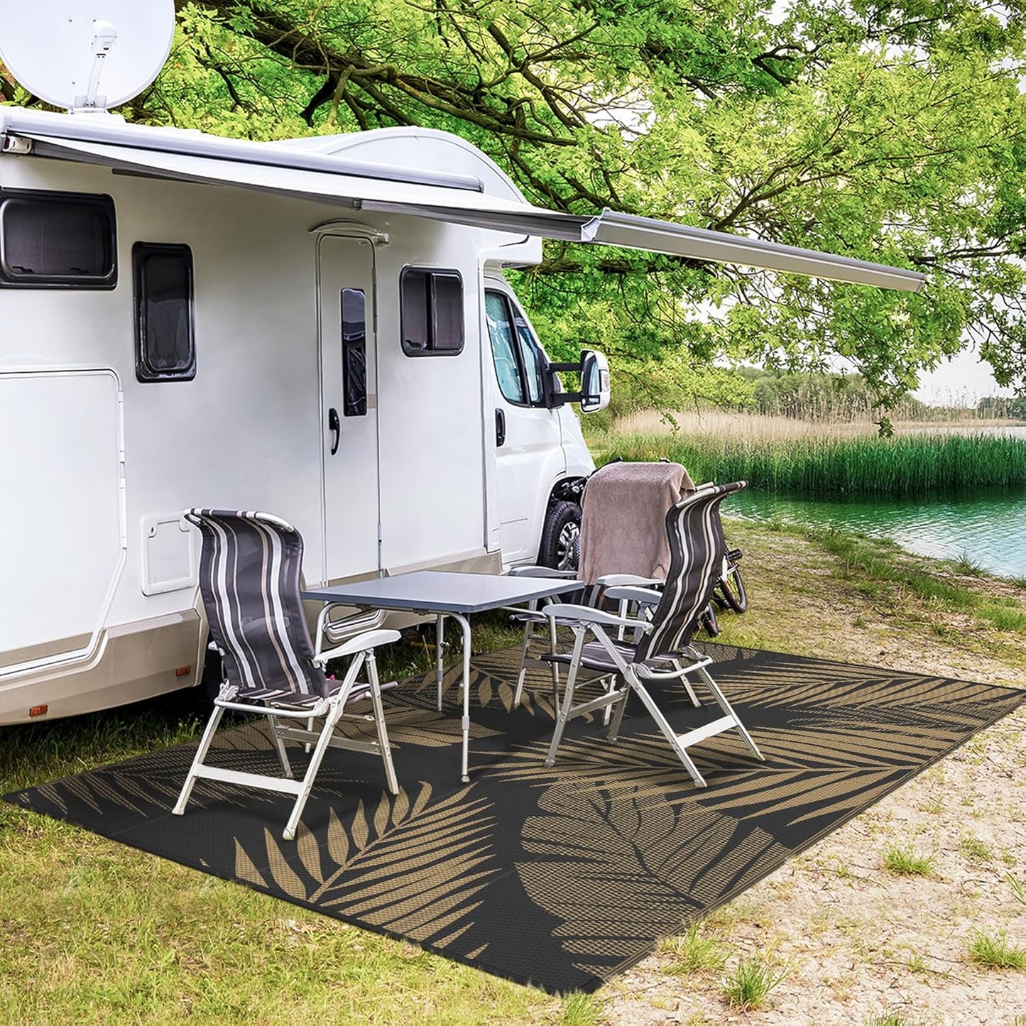 GENIMO Outdoor Rug 6' x 9' Waterproof for Patios Clearance, Reversible Outdoor Plastic Straw Camping Rug Carpet, Large Area Rugs Mats for RV, Camper, Deck, Balcony, Porch, Beach, Picnic, Black&Brown