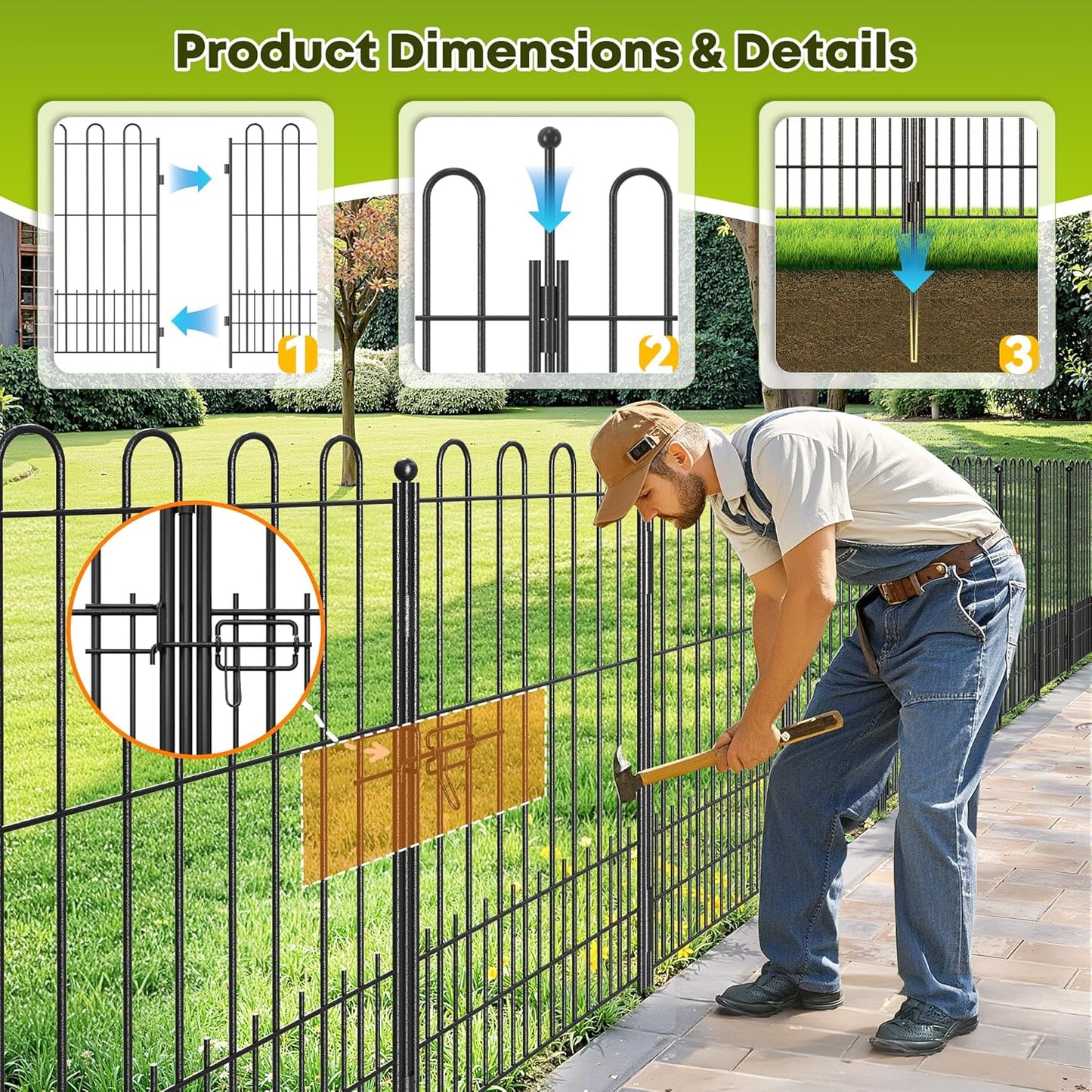 5 Panels Decorative Garden Fence with U-Shape and Latch Gate, 39.51in (H) X 11.54ft (L) Dog Fence Outdoor for Yard Security, Garden Fencing Includes Deep Stakes