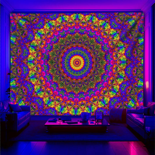 PSYHILAR Blacklight Mandala Boho Tapestry, Black Light Bohemian Hippie Poster for Adults and Teens, Aesthetic Colorful UV Reactive Wall Art Decor for Bedroom (90 x 70 Inches)