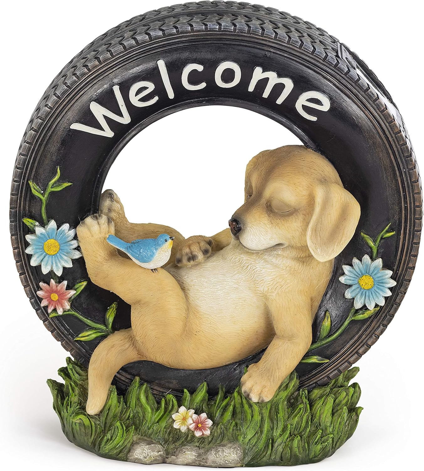 VP Home Chillaxing Welcome Puppy Dog Solar Powered LED Garden Light Welcome Chillax Puppy Statue Outdoor Funny Figurine Decor for Patio, Yard, Lawn