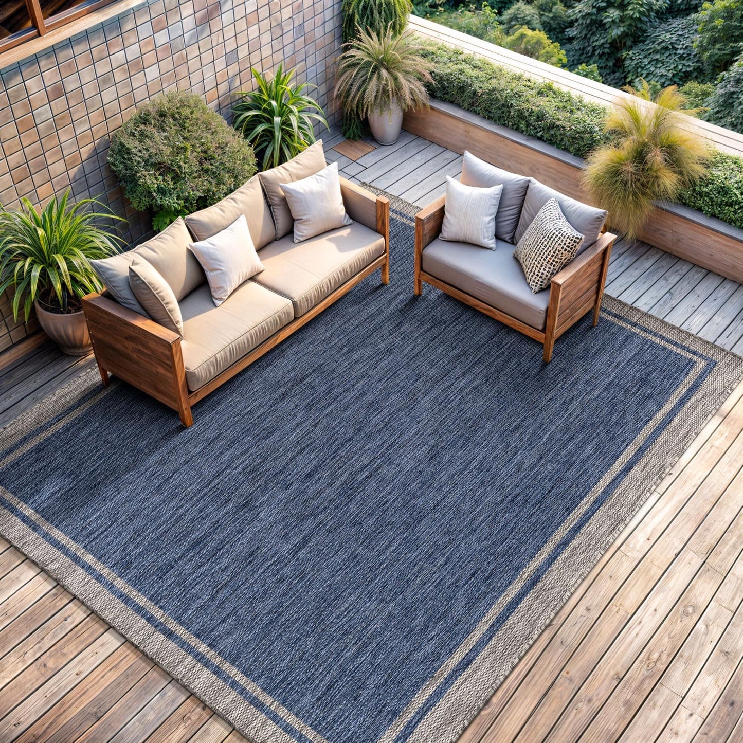 CAMILSON Outdoor Rug, 9x12 Bordered Navy Blue Gray Modern Large Area Rugs for Indoor and Outdoor Patios, Porches Waterproof Washable Porch Deck Outside Carpet (Bordered Navy, 9 x 12)