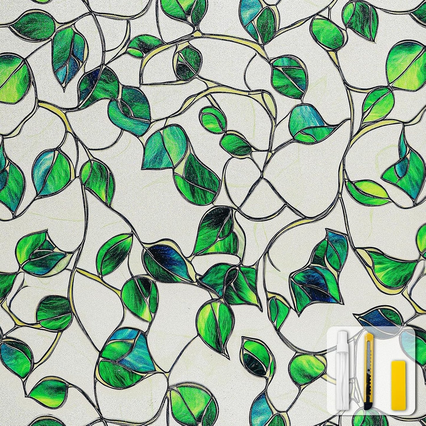 Window Privacy Film Stained Glass Decorative Static Clings Frosted Window Tint for Home Room Decor Bathroom Door Car Stickers with Glittering Effect, Removable(Blue & Green pothos Botanical)