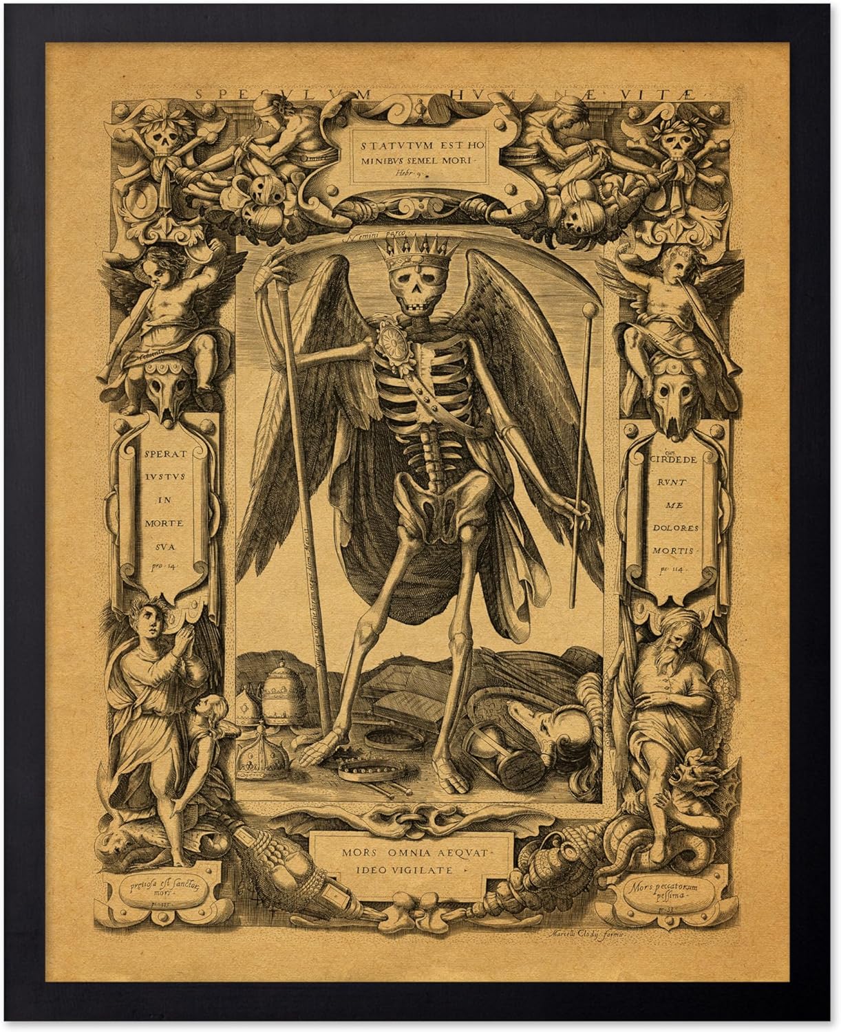 Poster Master Vintage Medieval Poster - Retro Gothic Print - Gift for Artist, Friend - Angel of Death, Memento Mori, Life, Skeleton, Dark - Wall Decor for Home, Living Room, 16x20 Black Framed