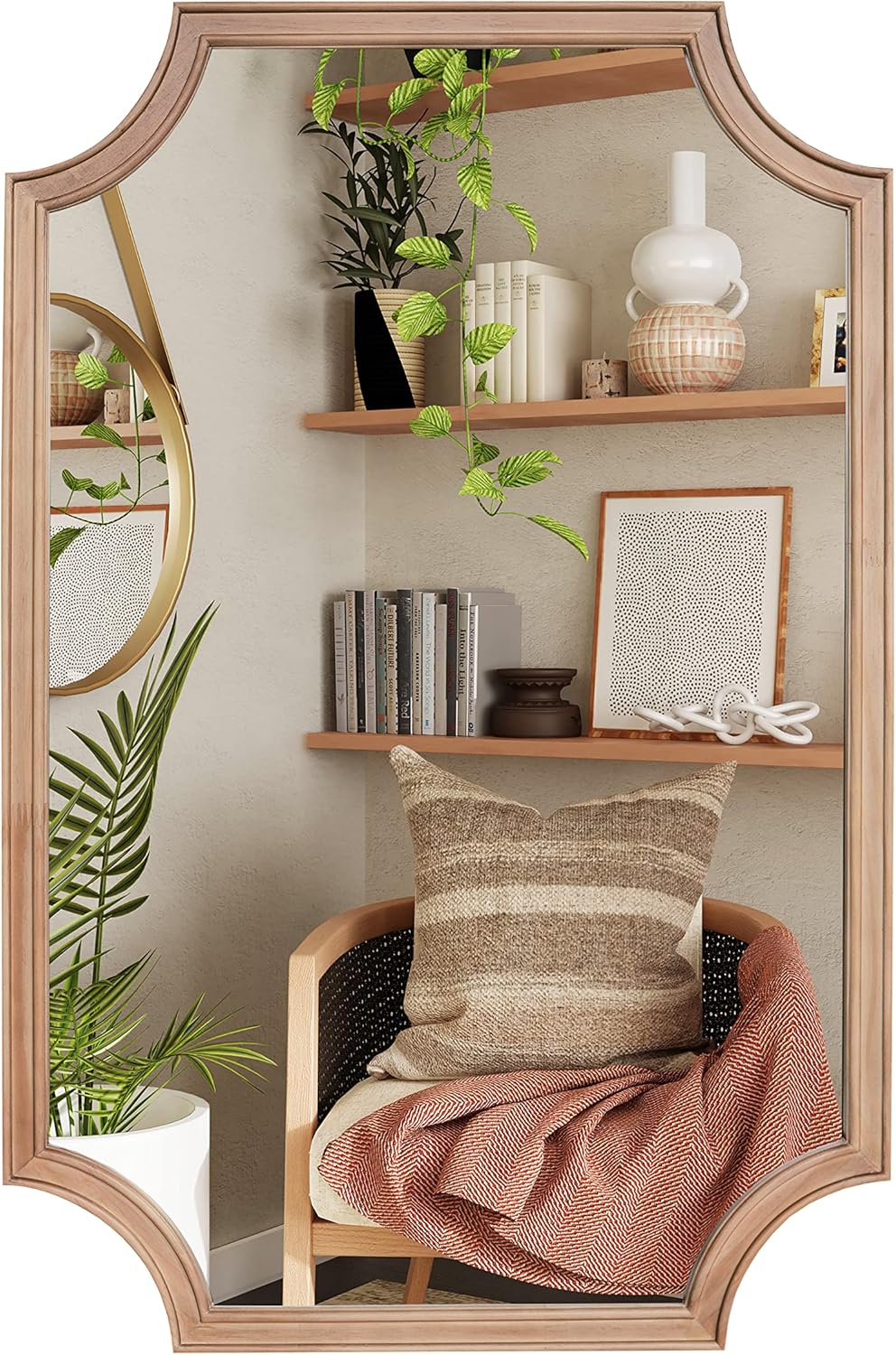 WallBeyond 24" x 36" Full Scalloped Corners Arch Rectangle Wall Mirror with Wood Frame for Entryway, Living Room or Bedroom Home Decor - Light Woodgrain [24" x 36" Natrual]