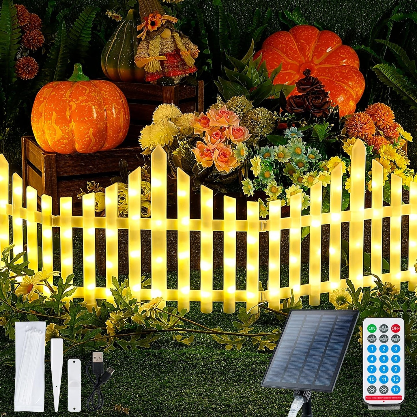 Hopolon 4 Pack Solar Garden Lights Outdoor, 11.1in (H) X 4.6ft (L) 144 Led White Picket Fence Border Solar Powered with Remote, Decorative Christmas Lights for Tree Yard Pet Barrier