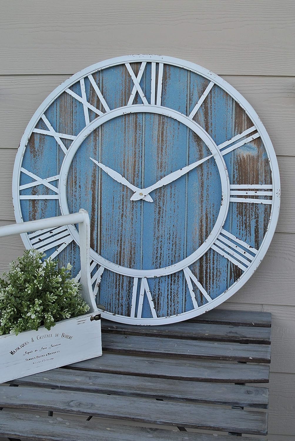 30" Coastal Wall Clock - Metal & Solid Wood Noiseless Weathered Beach Blue Wall Clock