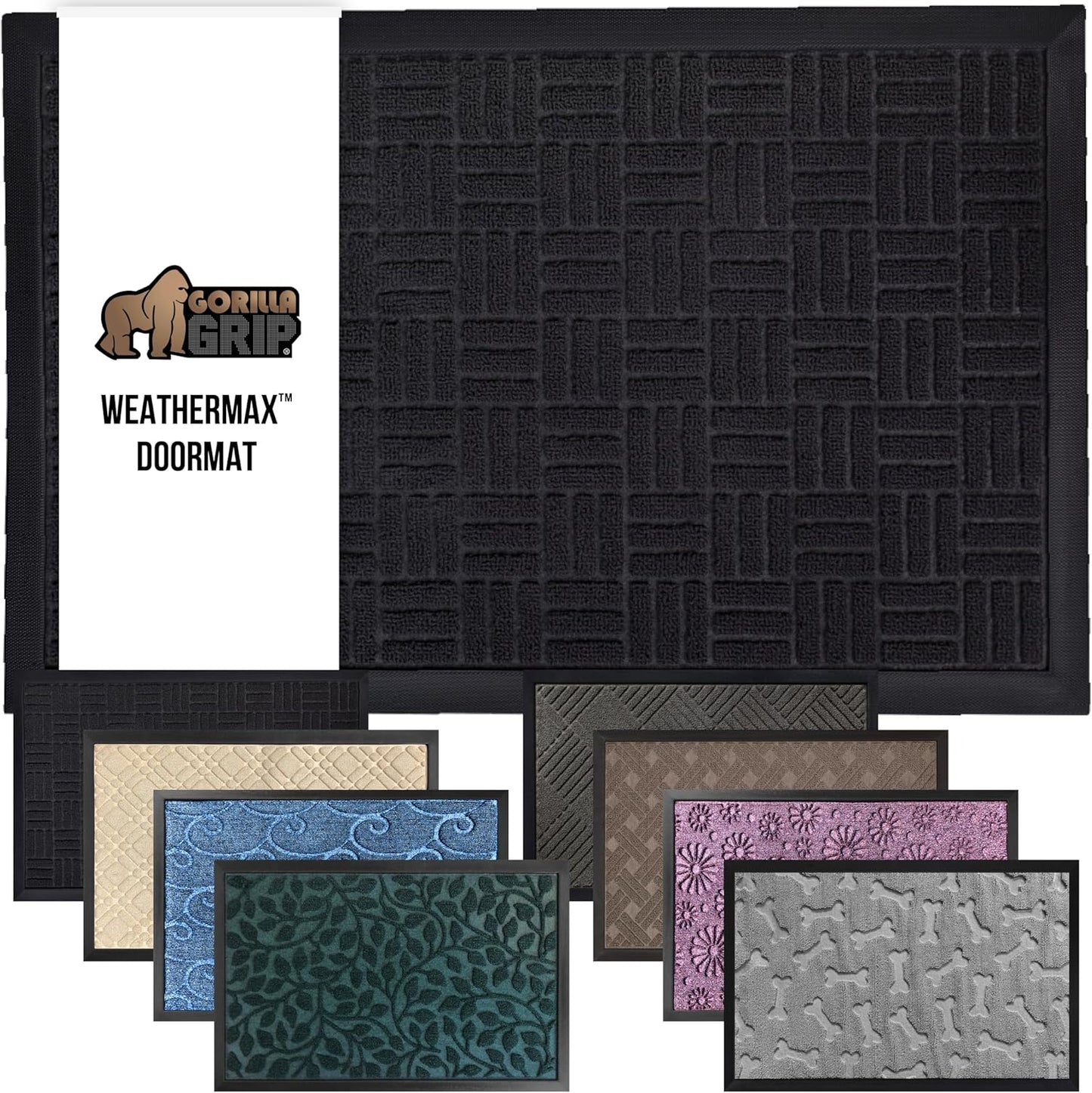 GORILLA GRIP 100% Waterproof All-Season WeatherMax Doormat 35x23, US Designed Natural Rubber, Stain and Fade Resistant, Low Profile Indoor Outdoor Door Mats, Easy Clean Patio Mat, Midnight Maze