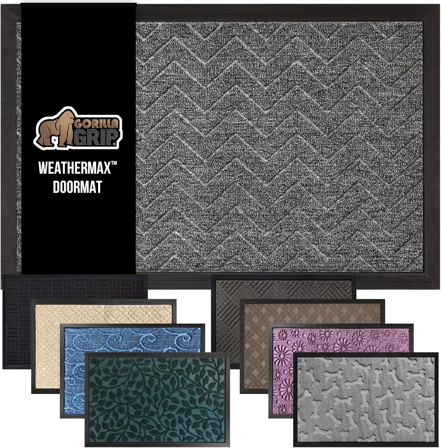 GORILLA GRIP 100% Waterproof All-Season WeatherMax Doormat, 34x58, US Designed Natural Rubber, Stain and Fade Resistant, Low Profile Indoor Outdoor Door Mats, Easy Clean Patio Mat, Steel Chevron