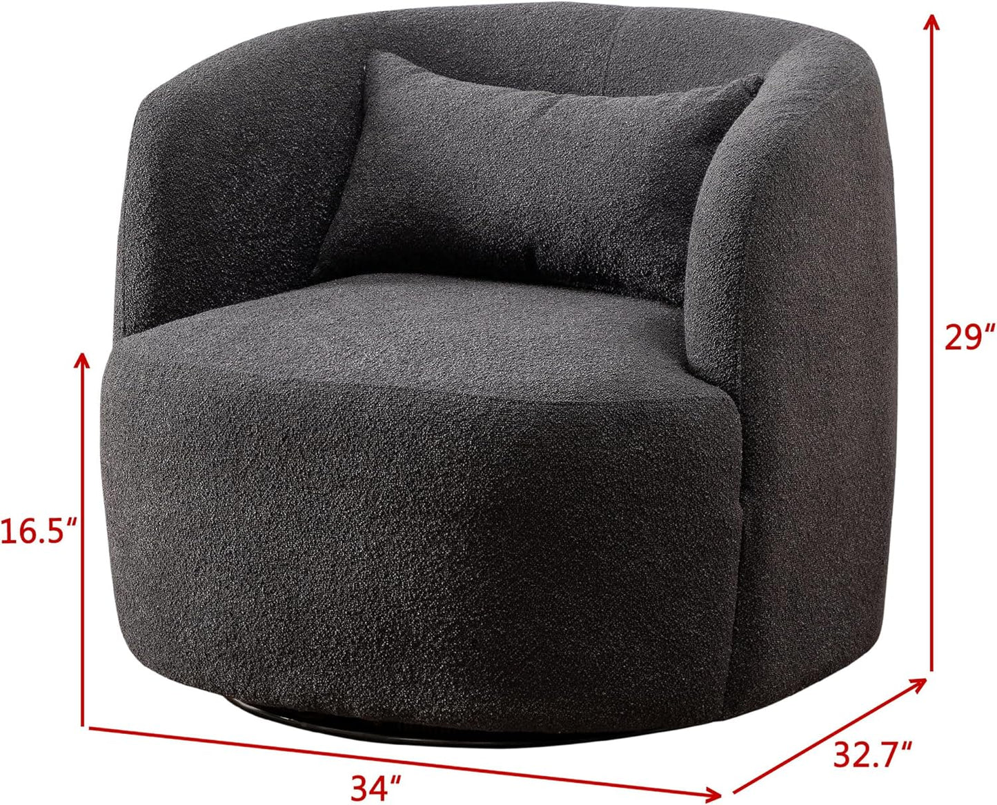 KINWELL 34" Wide Boucle Swivel Barrel Chair, No Assembly Round Upholstered Armchair Accent Chair Single Sofa Chair with Toss Pillow for Living Room and Bedroom, Dark Grey