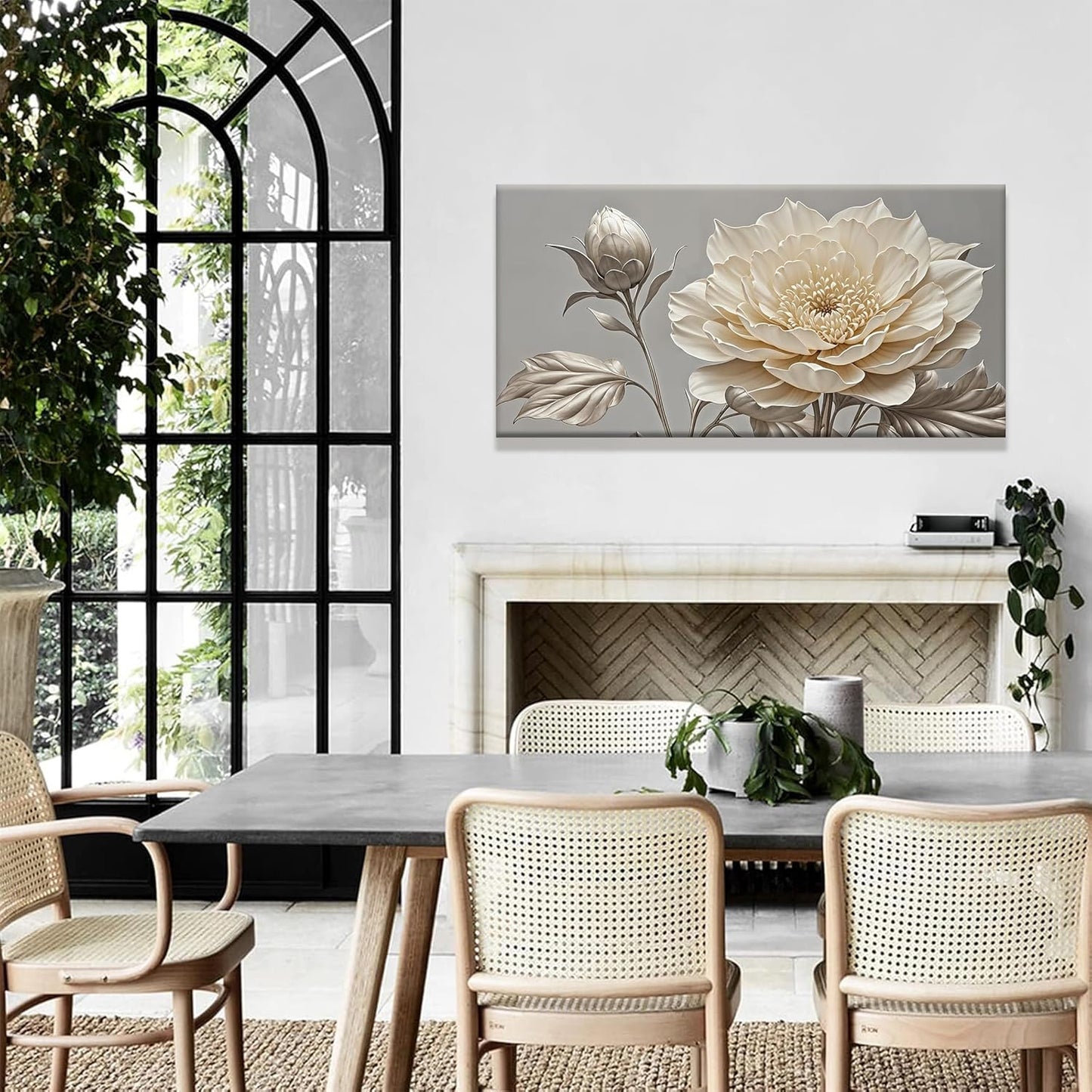 QSQ Canvas Art Wall Decor Print Paintings Silver White Flower Wall Art Prints Painting Pictures Ready To Hang Pictures For Bedroom Bathroom Office Kitchen Home Wall Decor Artwork 20" × 40"