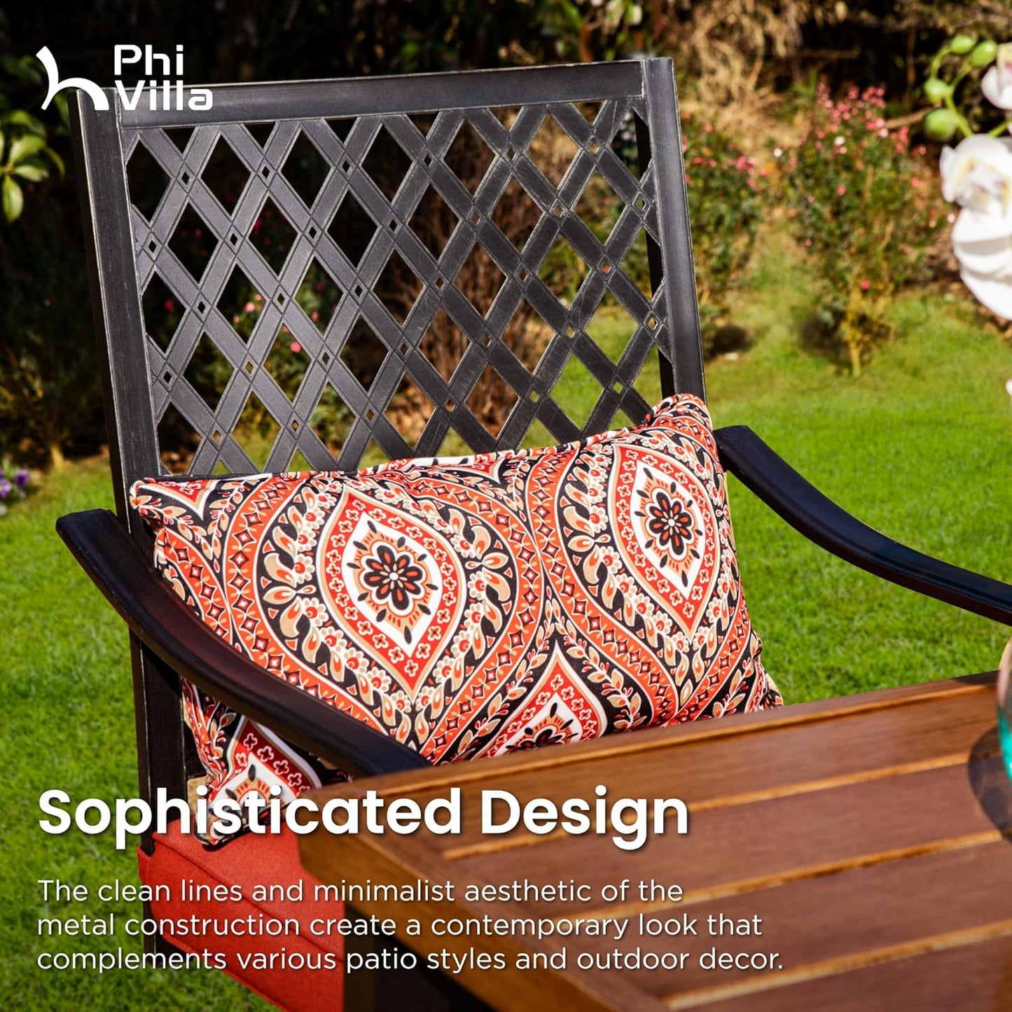 PHI VILLA 5 pcs Outdoor Bar Set, Outdoor Swivel Bar Stool with Red Seat Cushion and Lumbar Support,Extra Large Metal Bar Table with Umbrella Hole for Poolside Garden