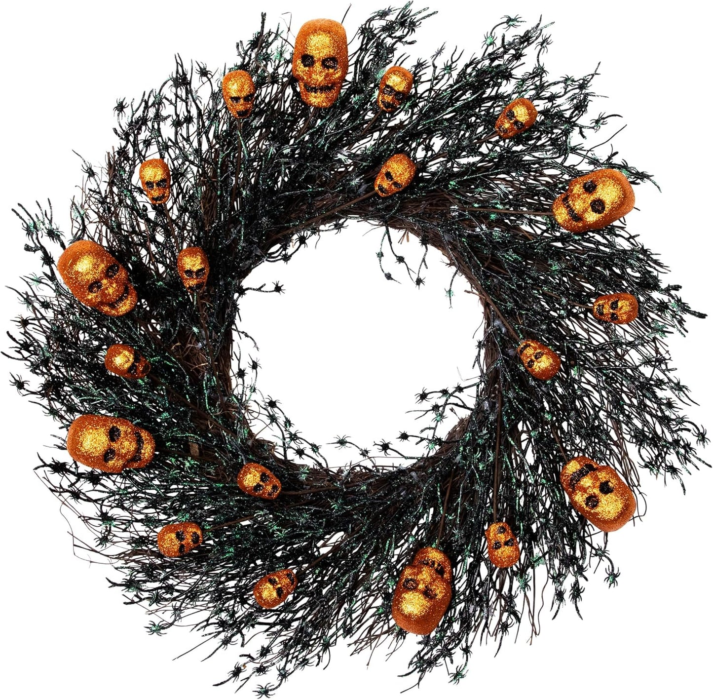 Glittered Skulls and Spiders Halloween Twig Wreath - 22" - Unlit