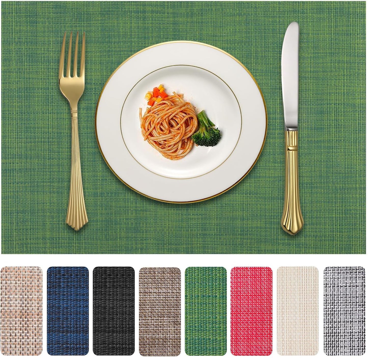Vinyl Placemats Set of 6, PVC Woven Washable Non-Slip Table Mats, Heat Resistant Wrinkle Free Place Mats for Dining Table, Easy to Clean (6, Green)