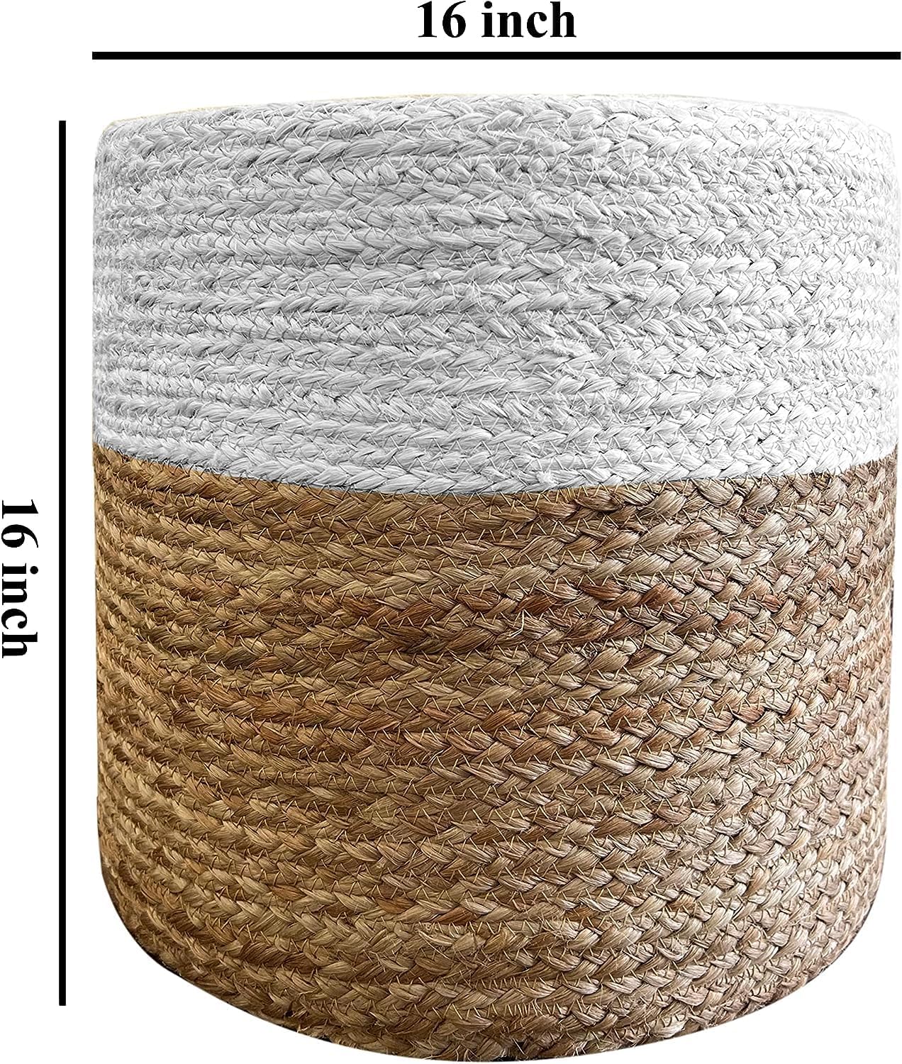 Jute Pouf Ottoman | Footrest Pouf | Hand Braided - Round Boho Pouffe - for Living Room, Bedroom, Nursery (16"x16"x16") Ivory