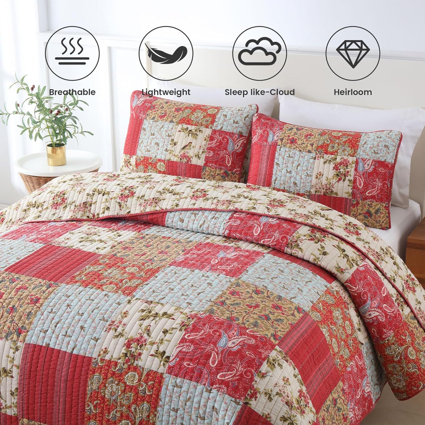 Secgo Queen Size Comforter Set- 100% Cotton Quilt Queen Size Set, Green, Sage bedspreads (90 * 96 Inch) with 2 Pillow Shams, Patchwork Reversible Lightweight Bedding