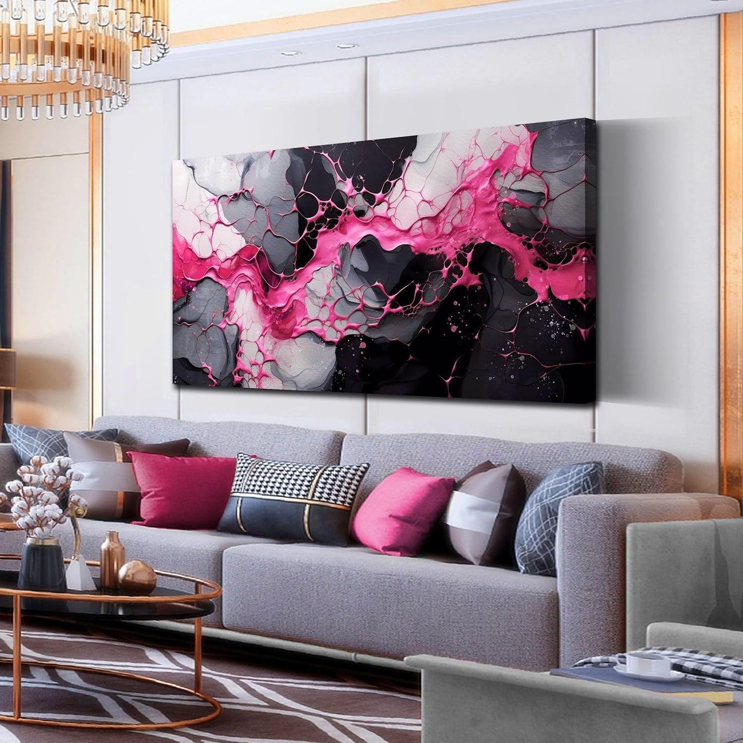 GUGIKA Pink Wall Art for Living Room, Abstract Canvas Wall Decor for Bedroom Decor, Modern Print Paintings, Size 24x48 Inches