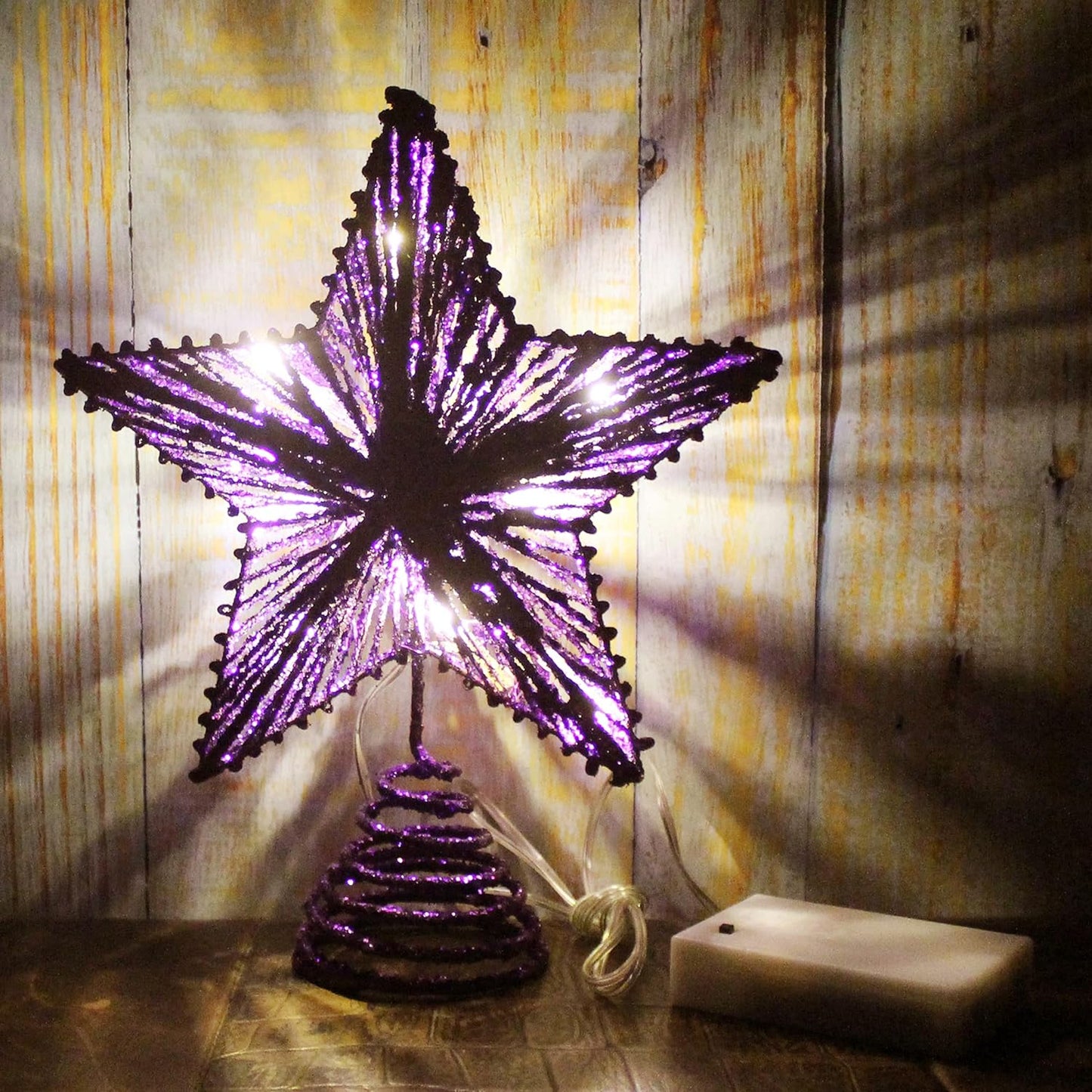 CVHOMEDECO. Purple Glittered 3D Tree Top Star with Warm White LED Lights and Timer for Christmas Tree Decoration and Holiday Seasonal Décor, 8 x 10 Inch