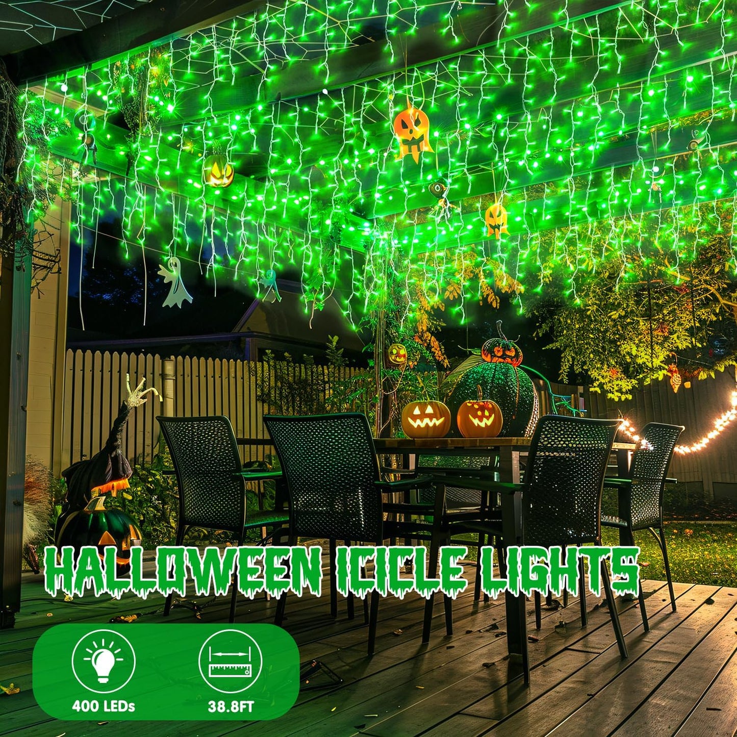 JMEXSUSS 400 LED 38.8F Green Icicle Lights for Halloween Decorations, Green Halloween Lights Indoor Outdoor, String Icicle Light for House Fireplace Party Yard Decoration